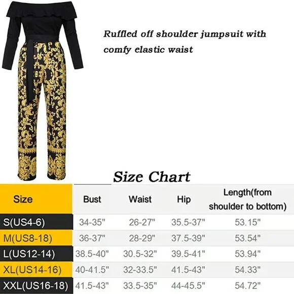 Women's Ruffled Overlay Off Shoulder Wide Leg Long Sleeves Jumpsuit with Belt L - Picture 6 of 6